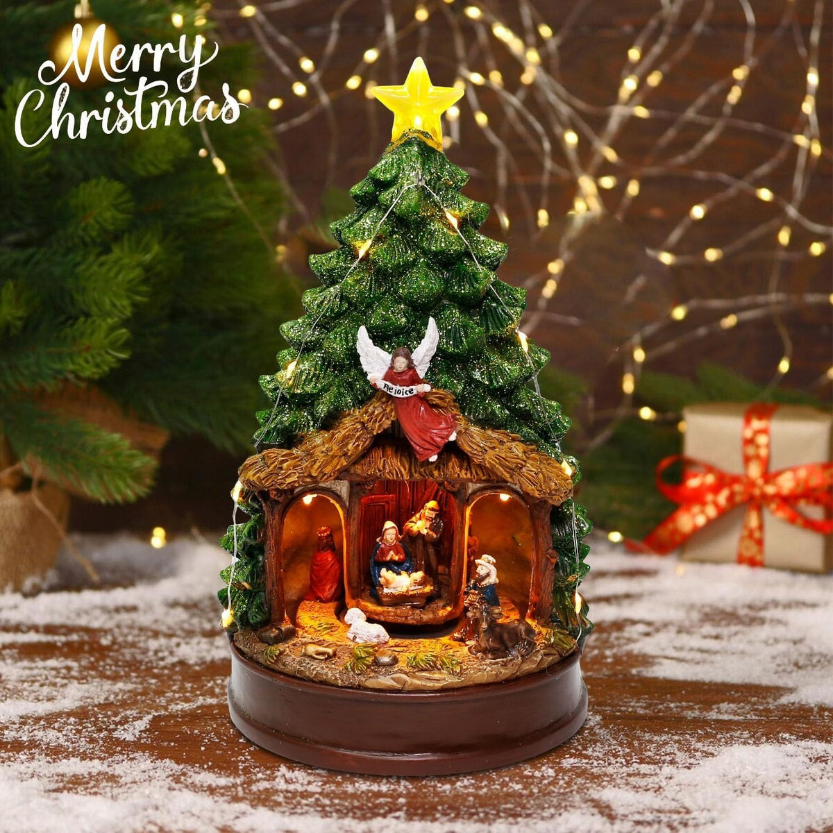 Christmas Tree LED Lighted Nativity Scene Tabletop Centerpiece with Angel & Star Topper - product image 7