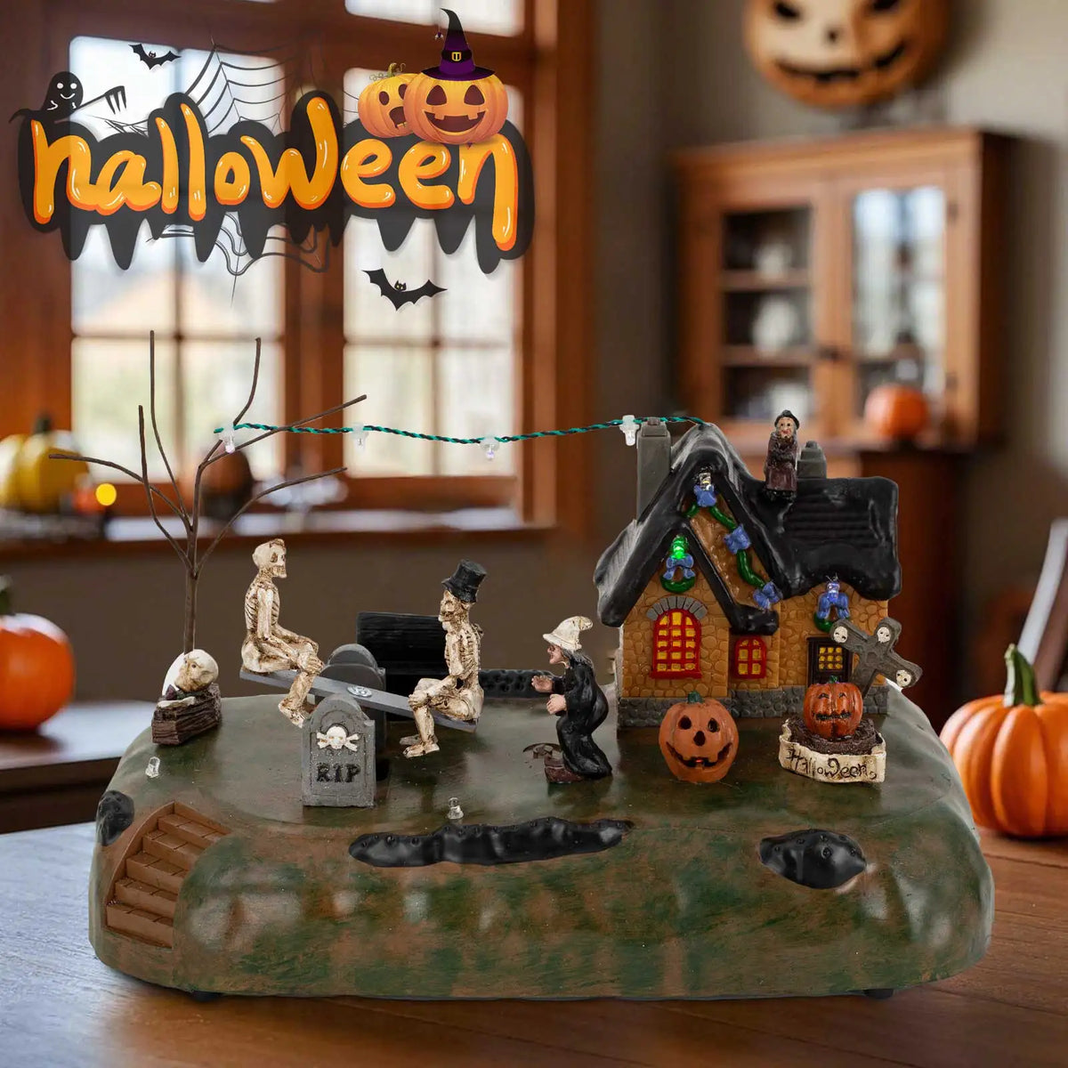 Halloween Musical Village with Moving Seesaw Skeletons & LED Lights - product image 6