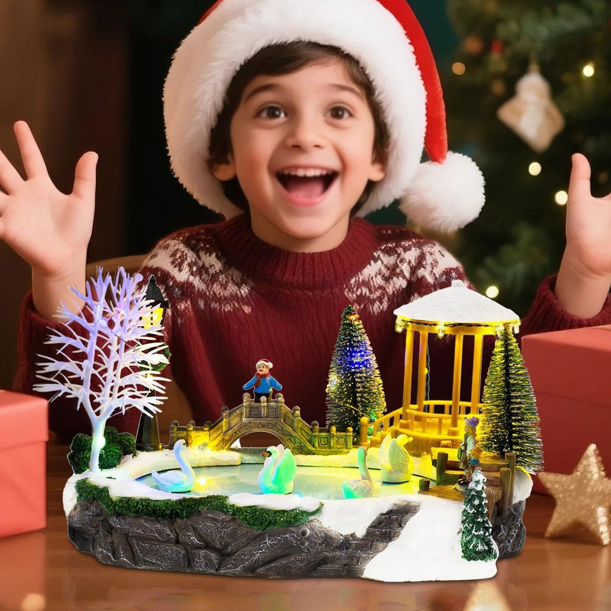 Christmas Village Musical Pond with Moving Swans & LED Lights - product image 6