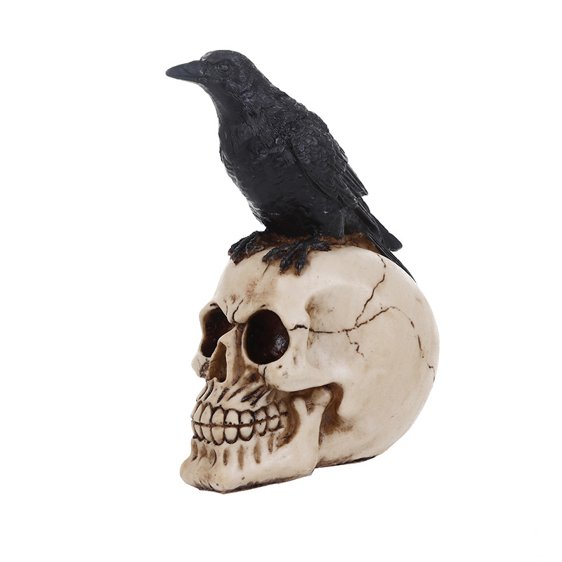 Halloween Decoration Skull Stautes Scullpture Perched Raven On Skeleton Figurine