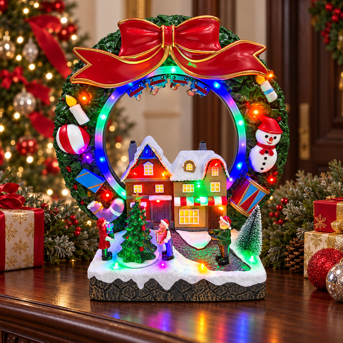 Musical Christmas village wreath with a moving train and rotating tree displayed beside festive gifts and a decorated Christmas tree