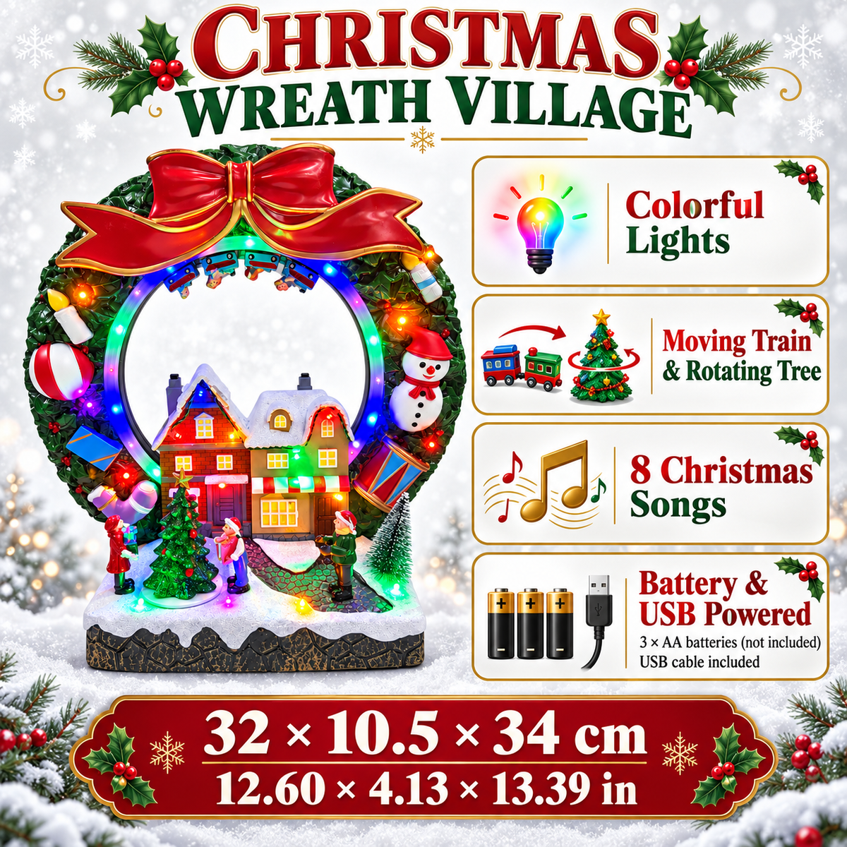 Christmas village wreath dimensions with colorful lights, moving train, rotating tree, 8 songs and battery or USB power