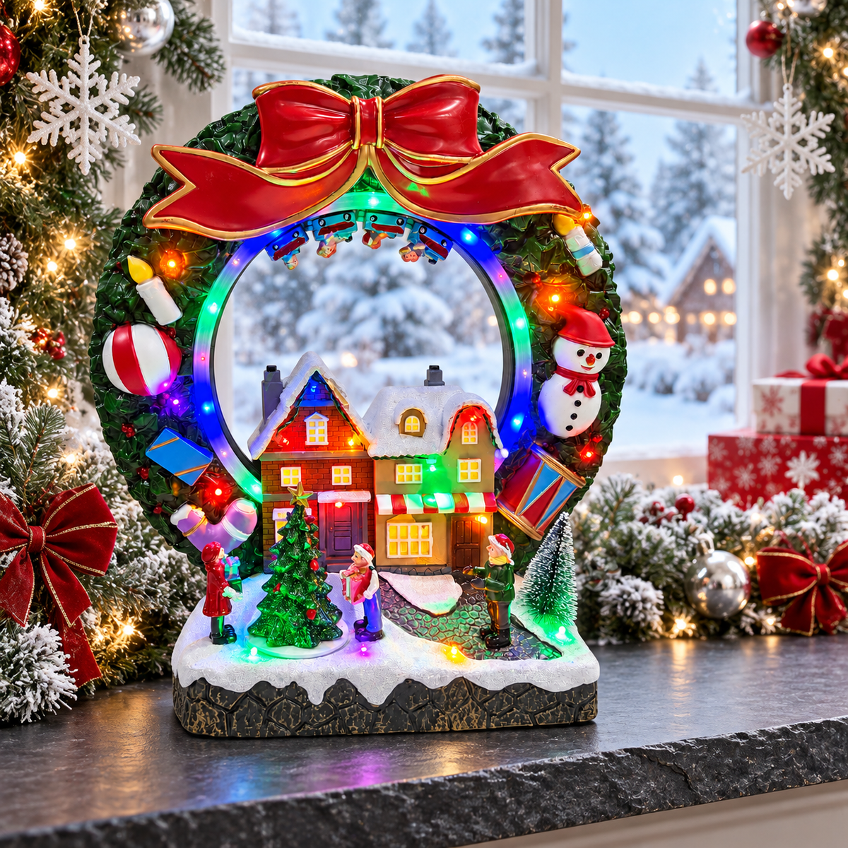 Animated Christmas village wreath displayed beside a snowy window with red bows and silver ornaments