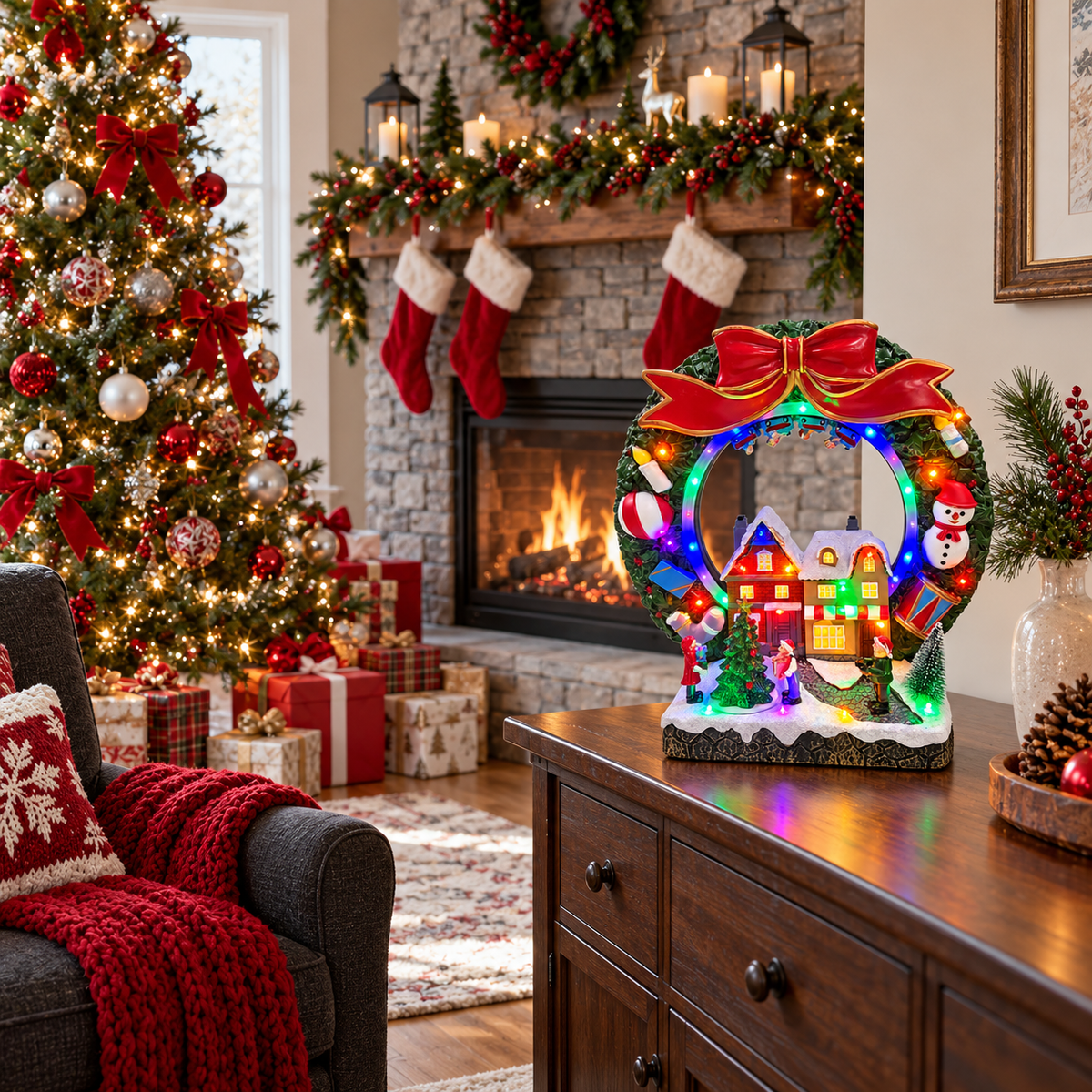 Freestanding Christmas village wreath on a wooden sideboard in a decorated living room with a Christmas tree and fireplace