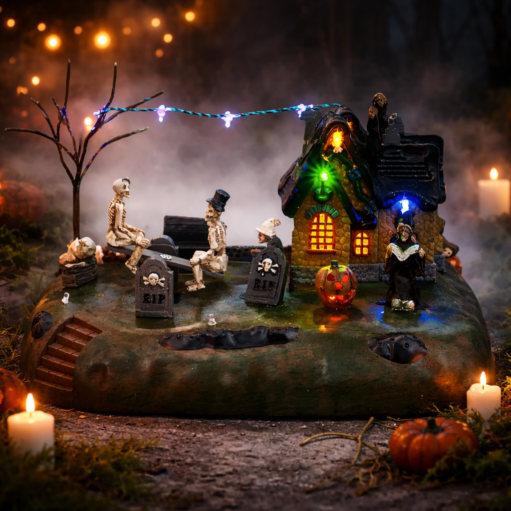 Halloween Musical Village with Moving Seesaw Skeletons & LED Lights