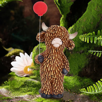 Cute Highland Cow Figurine with Red Balloon – Resin Desk Decor Statue