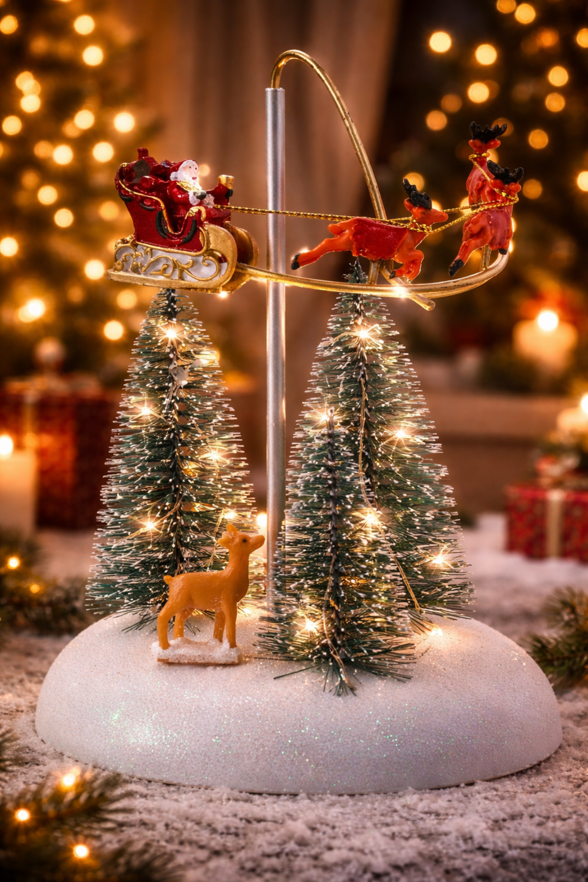 Christmas Village Music Flying Santa Sleigh & Reindeer with LED Trees