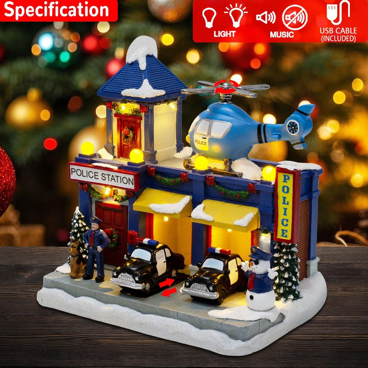 Christmas Village Musical Police Station with Rotating Helicopter & LED Lights - product image 5