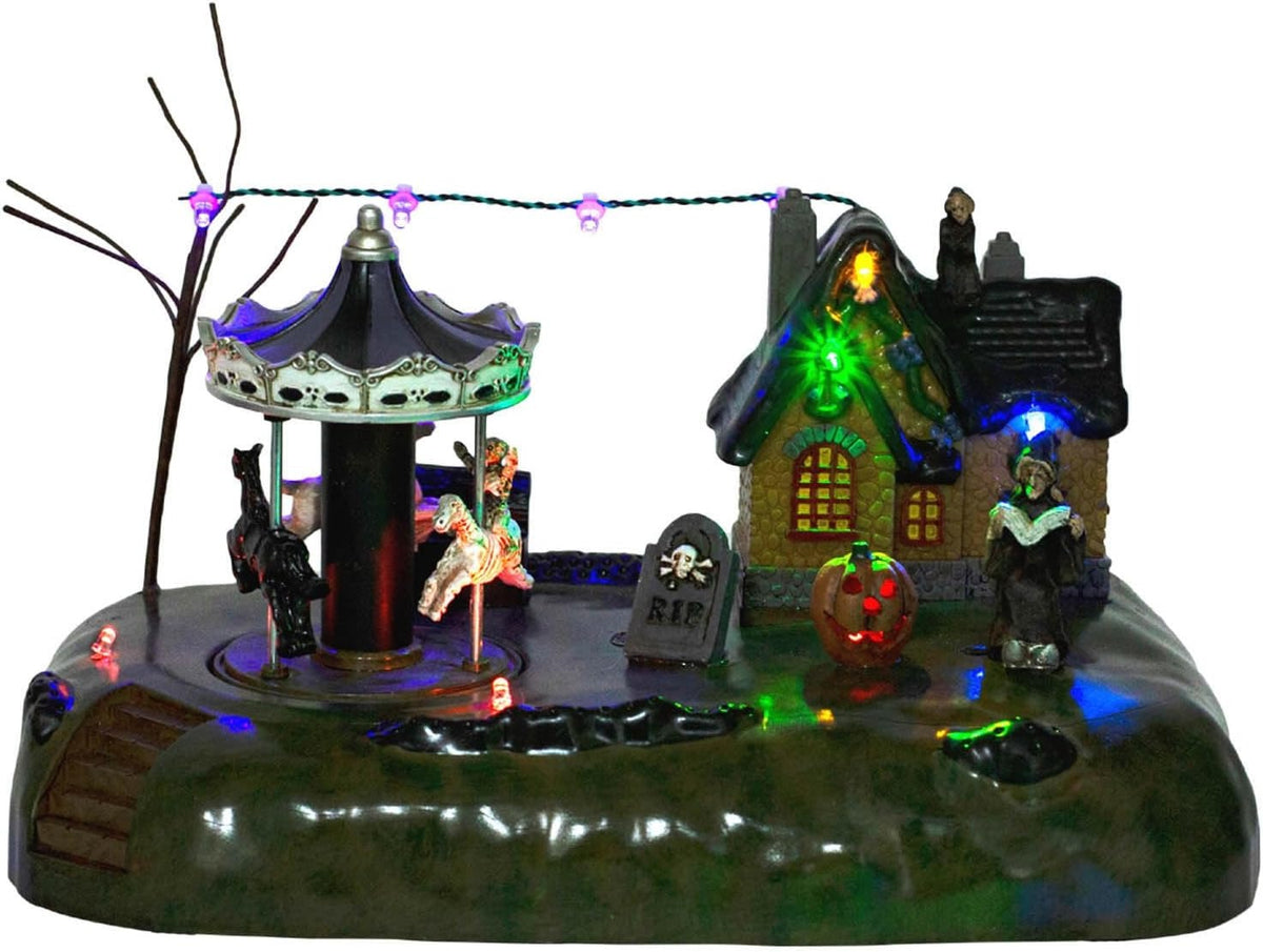 Halloween Village Animated Carousel With LED Witch Cottage, Spooky Carnival - product image 2