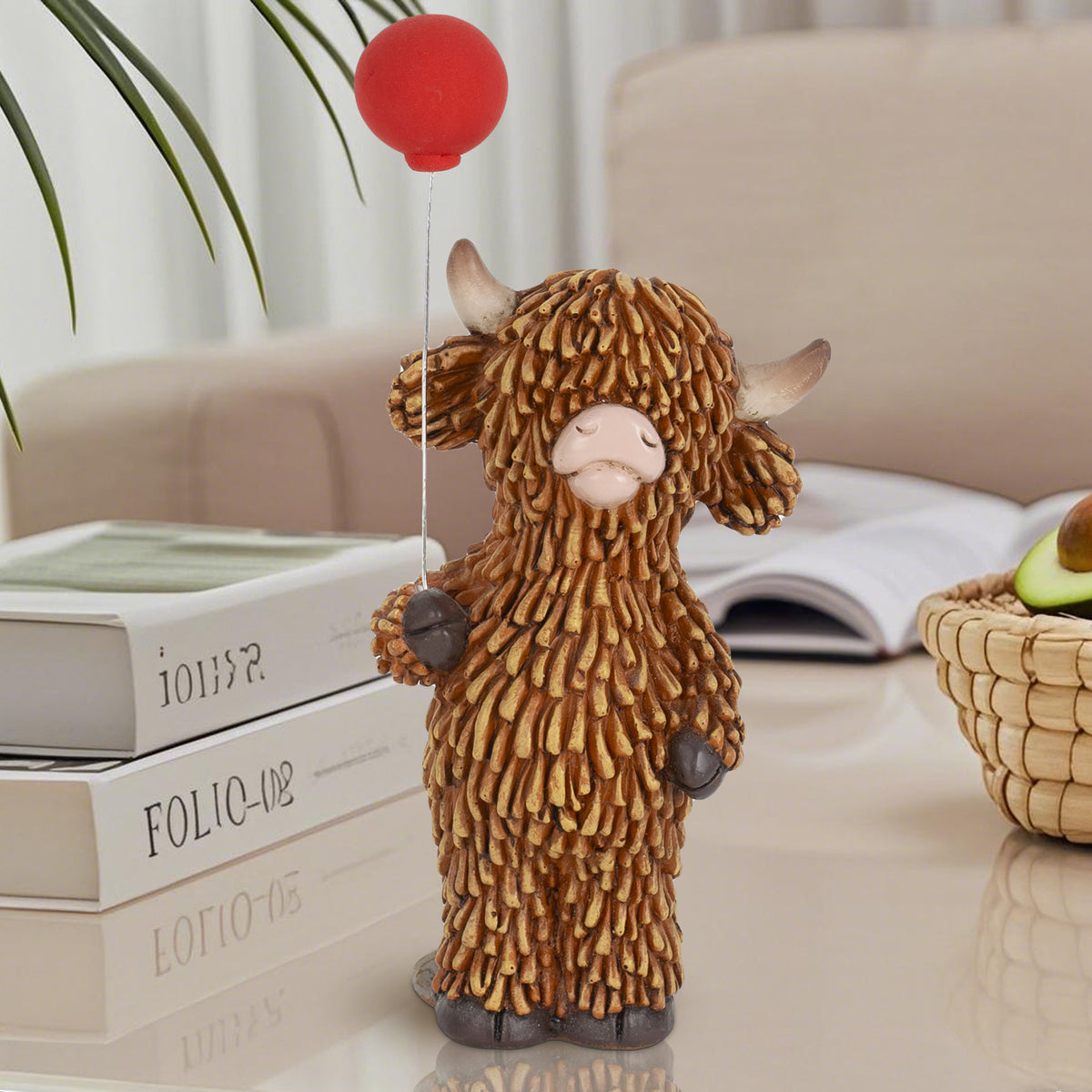 Cute Highland Cow Figurine with Red Balloon – Resin Desk Decor Statue - product image 4