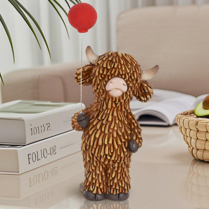 Cute Highland Cow Figurine with Red Balloon – Resin Desk Decor Statue - product image 4