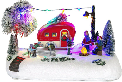 Christmas Village Animated RV Camping Scene with Moving Skaters & LED Campfire, Winter Outdoor Decor | innodept12 - product