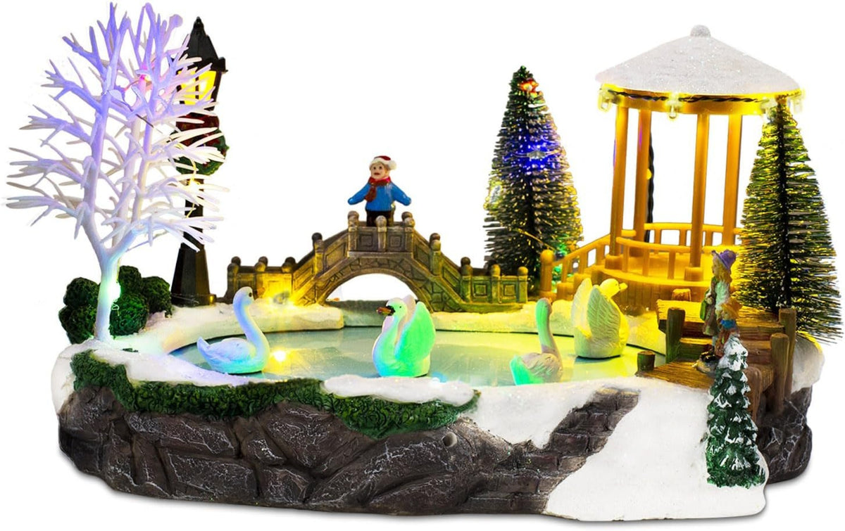Christmas Village Musical Pond with Moving Swans & LED Lights - product image 2