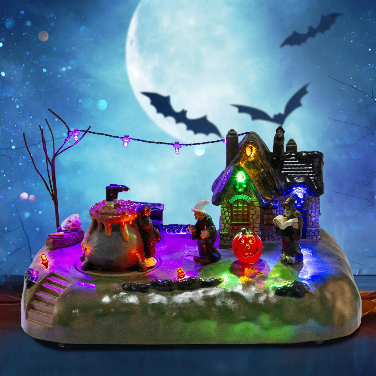 Halloween Village Animated Witch Cauldron & Haunted House With Music - product image 3