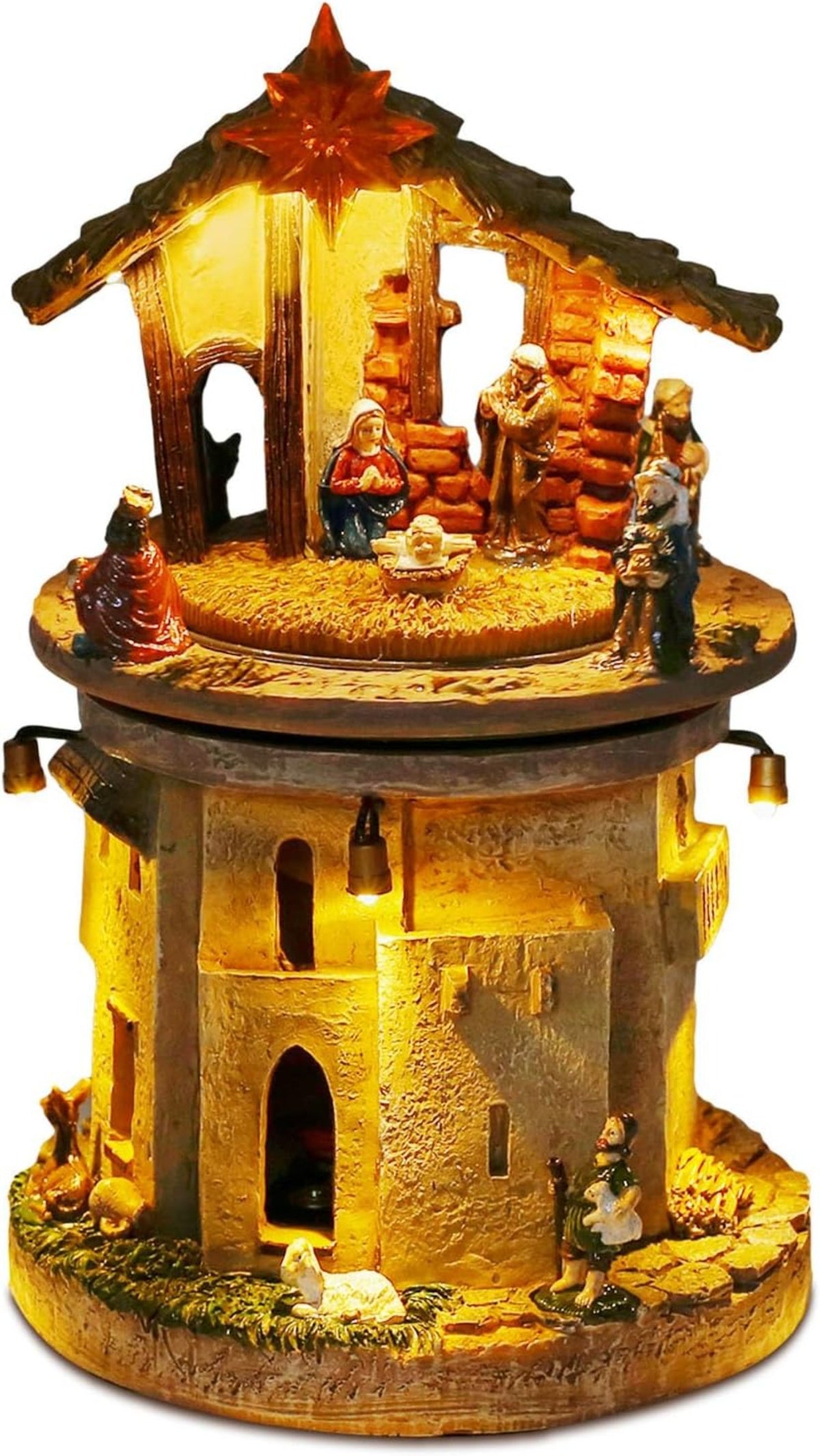 Christmas Nativity Scene Rotating Tower, Religious Holiday Decor with LED Warm Lights & Star of Bethlehem - product image 2
