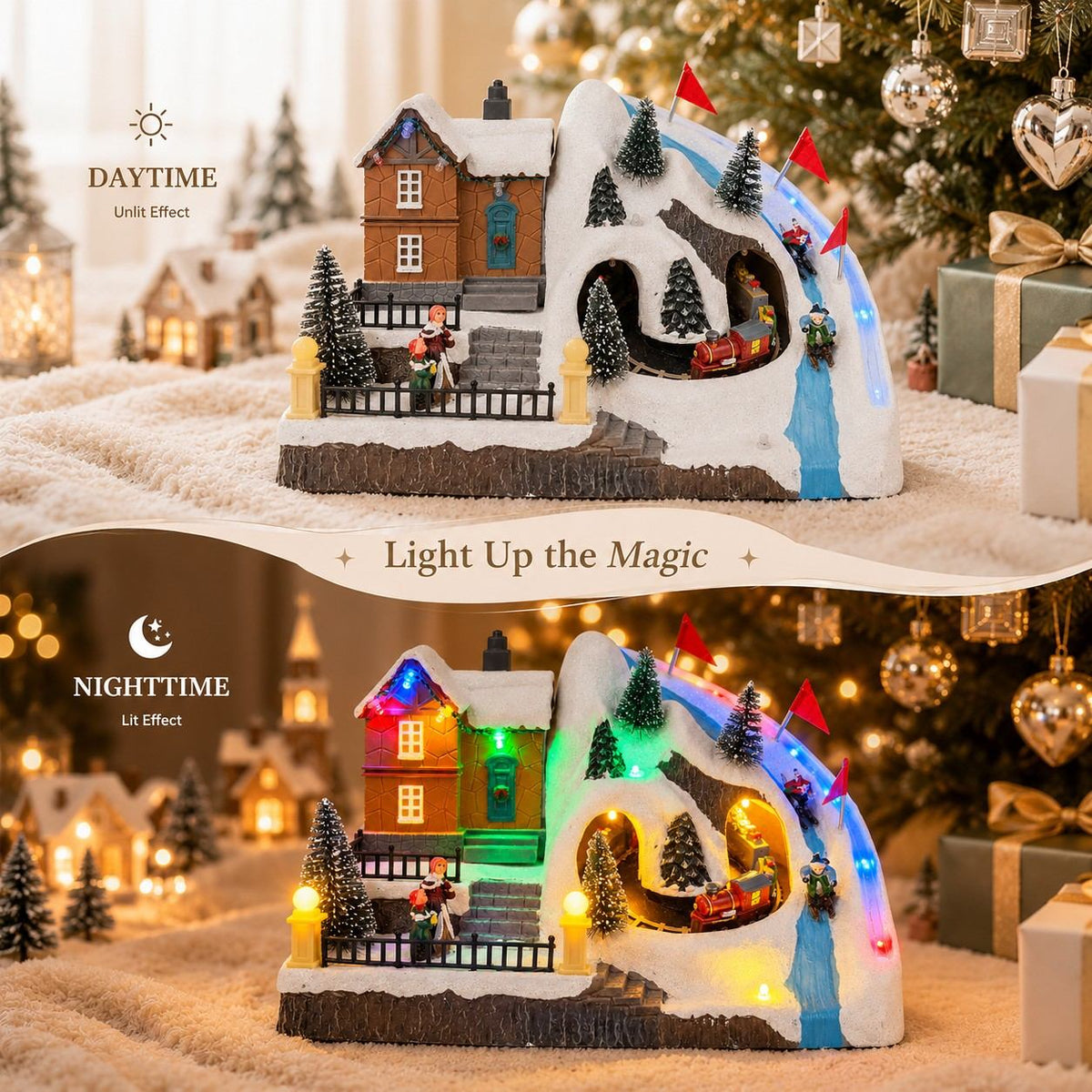 Lighted and unlit views of a musical Christmas ski resort village with a moving miniature train