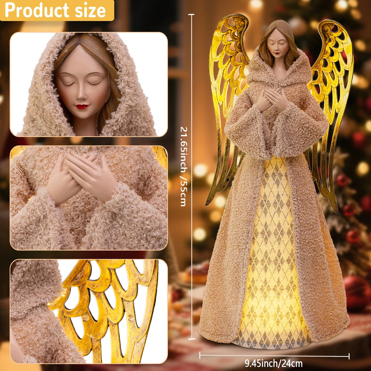 Christmas 21.6" Fabric Light Up Angel Figurine with Gold Wings - product image 3