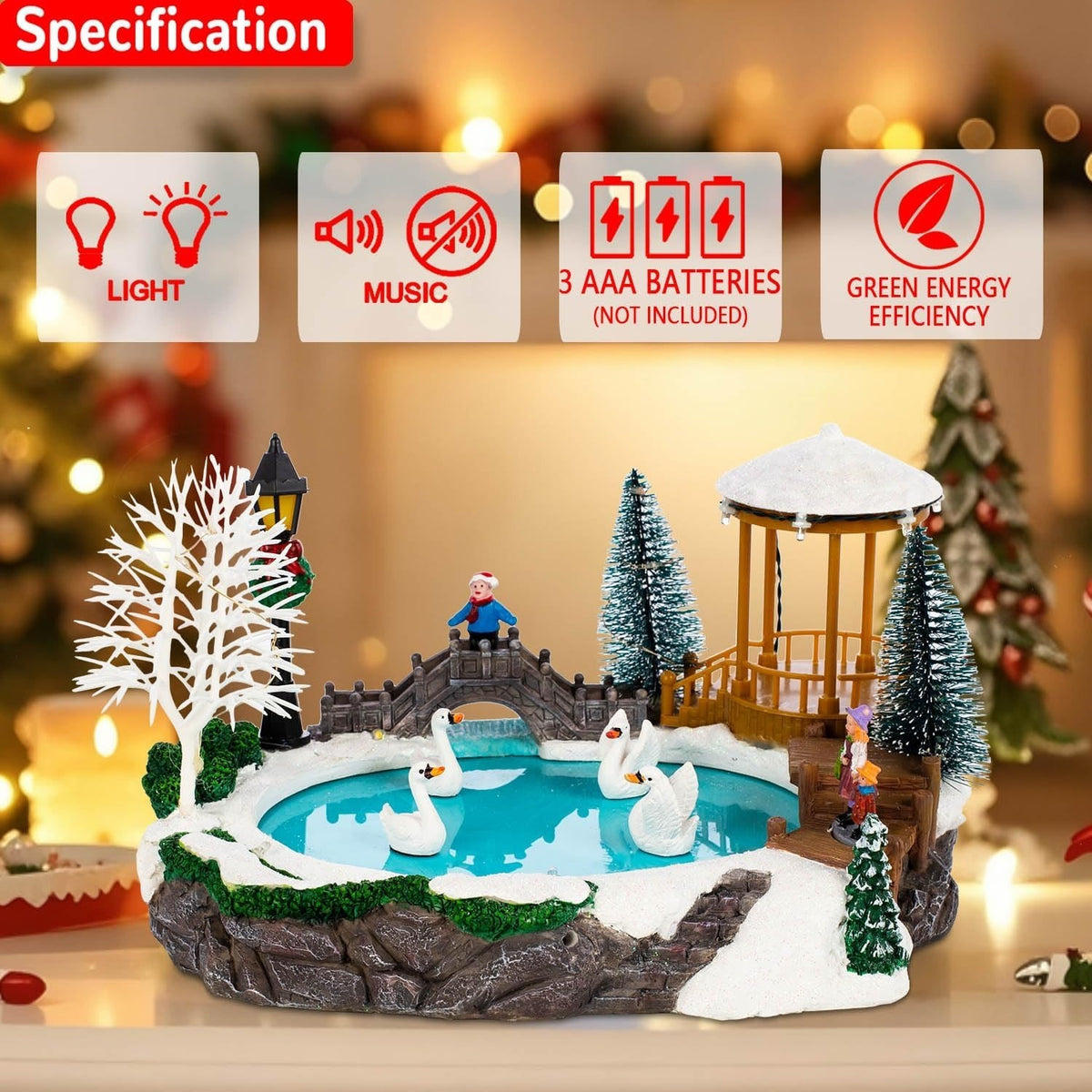 Christmas Village Musical Pond with Moving Swans & LED Lights - product image 3