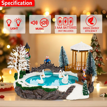 Christmas Village Musical Pond with Moving Swans & LED Lights - product image 3