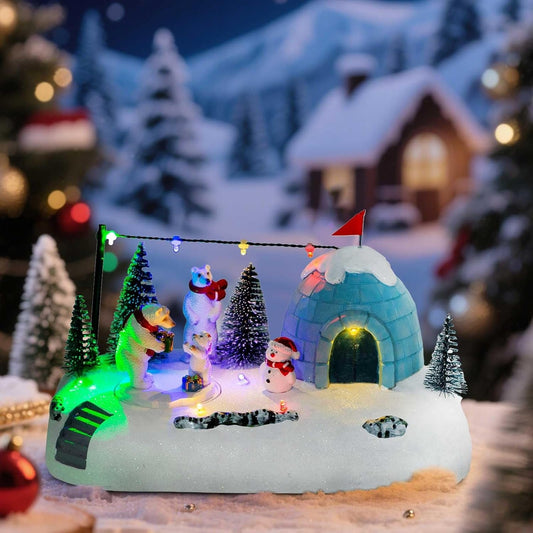 Christmas Village Animated Polar Bear Igloo with LED Light String ＆ Music