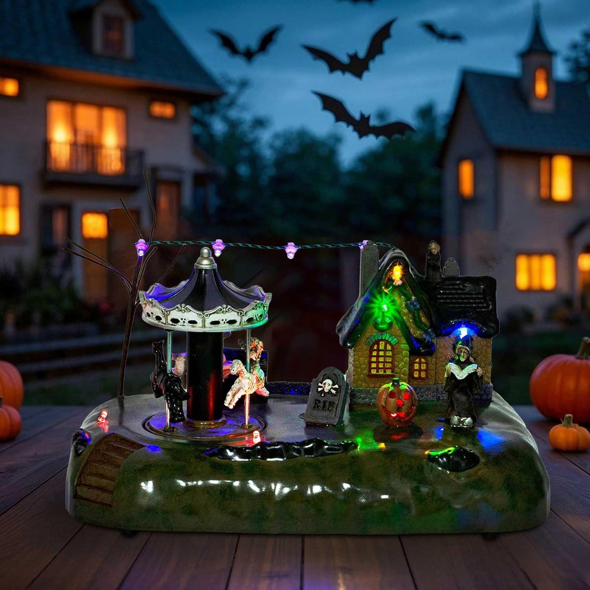 Halloween Village Animated Carousel With LED Witch Cottage, Spooky Carnival
