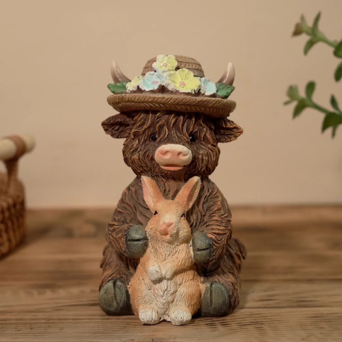 Cute Highland Cow Holding Bunny Figurine for Easter Spring Garden Decor