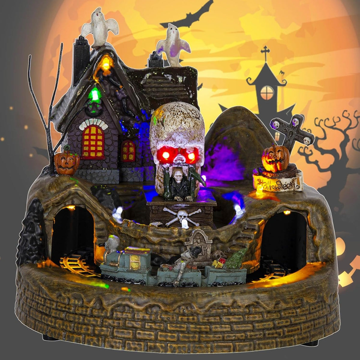 Halloween Spooky Village Animated Castle with Rotating Skeleton Train & LED Lights - product image 6