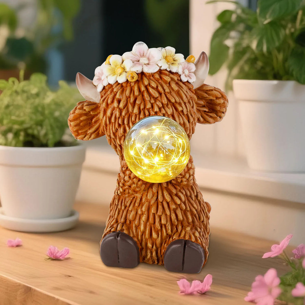 Solar Highland Cow Garden Statue with LED Globe for Outdoor Decor