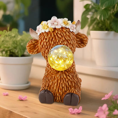 Solar Highland Cow Garden Statue with LED Globe for Outdoor Decor