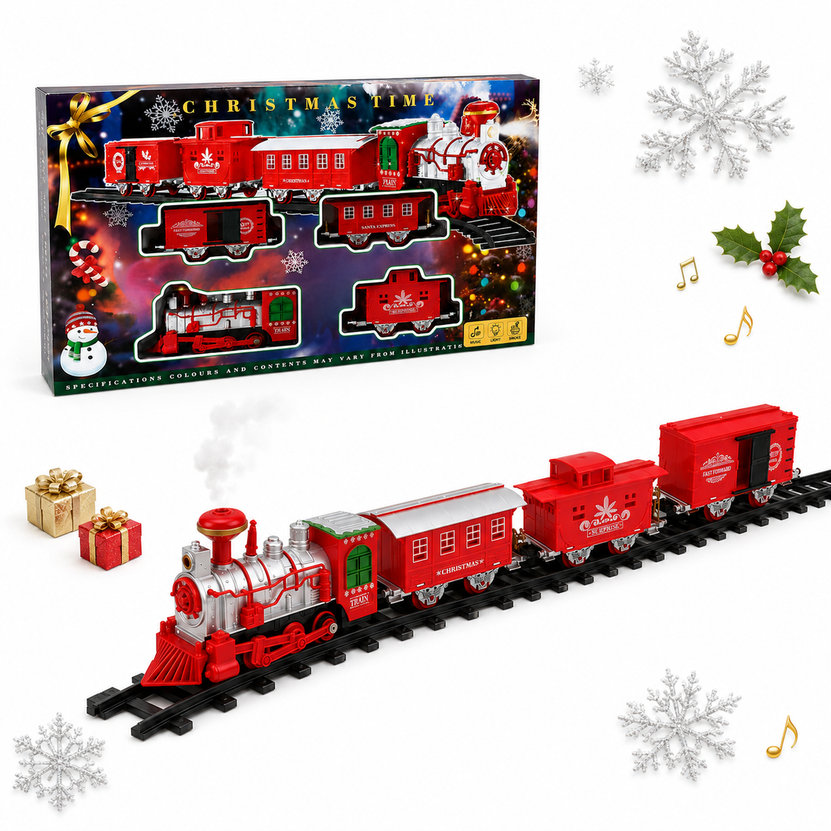 Vintage Red Christmas Train Set with Smoke, Lights & Music
