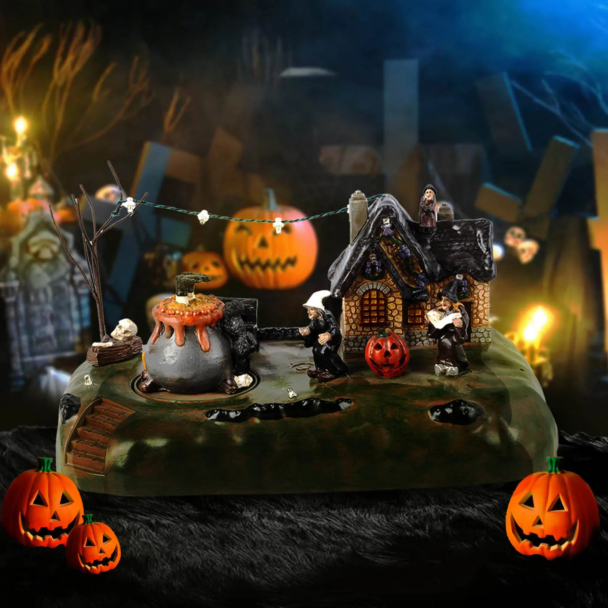 Halloween Village Animated Witch Cauldron & Haunted House With Music - product image 5