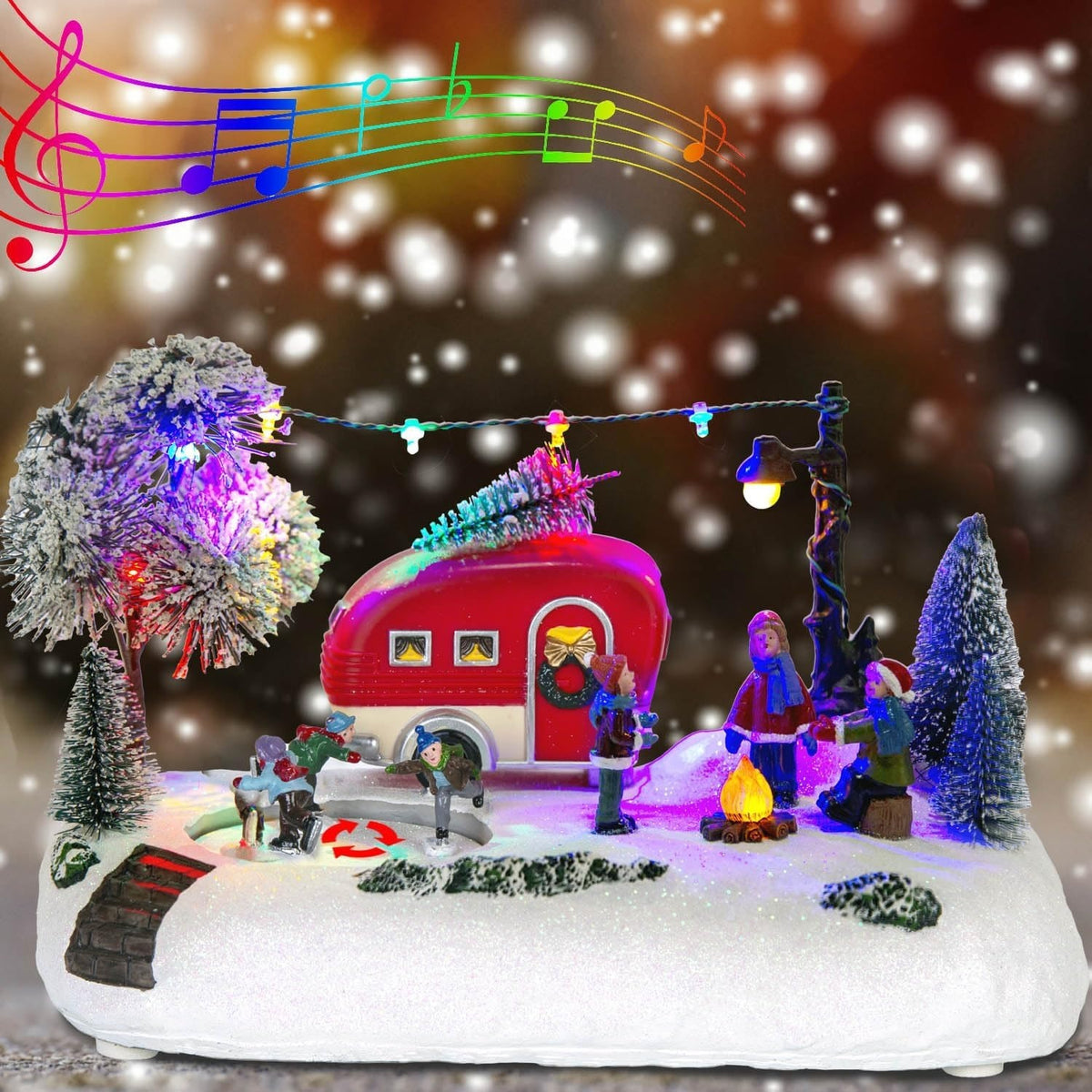 Christmas Village Animated RV Camping Scene with Moving Skaters & LED Campfire, Winter Outdoor Decor | innodept12 - product