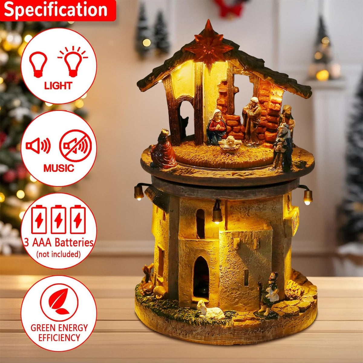 Christmas Nativity Scene Rotating Tower, Religious Holiday Decor with LED Warm Lights & Star of Bethlehem - product image 4
