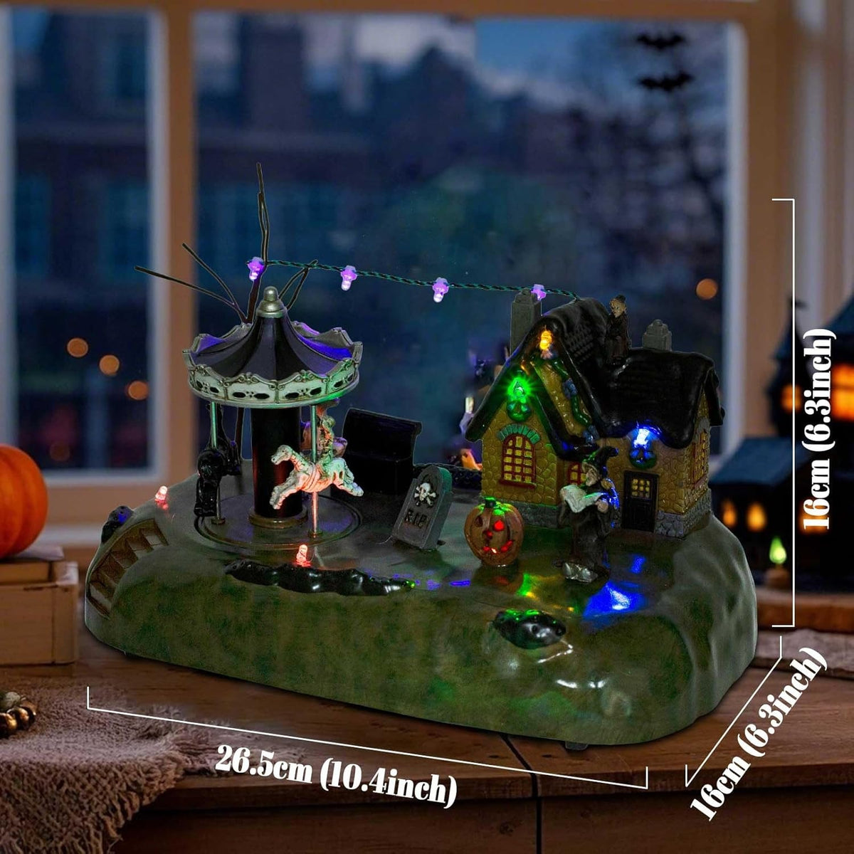 Halloween Village Animated Carousel With LED Witch Cottage, Spooky Carnival - product image 3