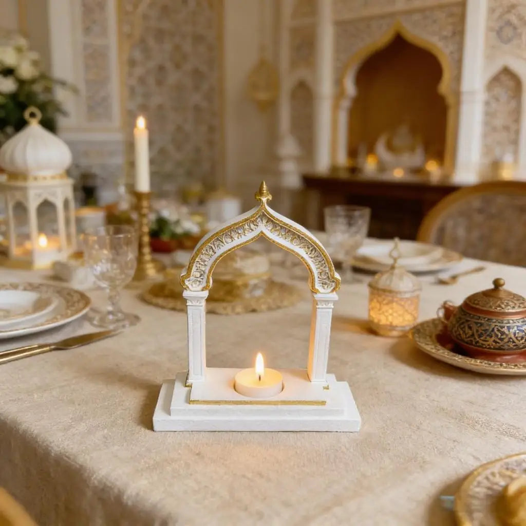 Ramadan Decoration Arch Candle Holder Islamic Style White & Gold Tealight Stand for Home Table Eid Mubarak Festival