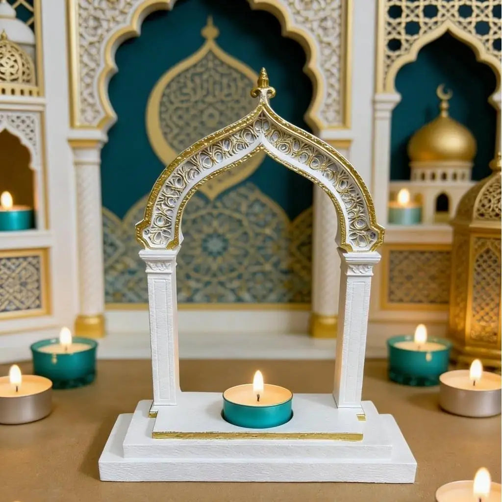 Ramadan Decoration Arch Candle Holder Islamic Style White & Gold Tealight Stand for Home Table Eid Mubarak Festival