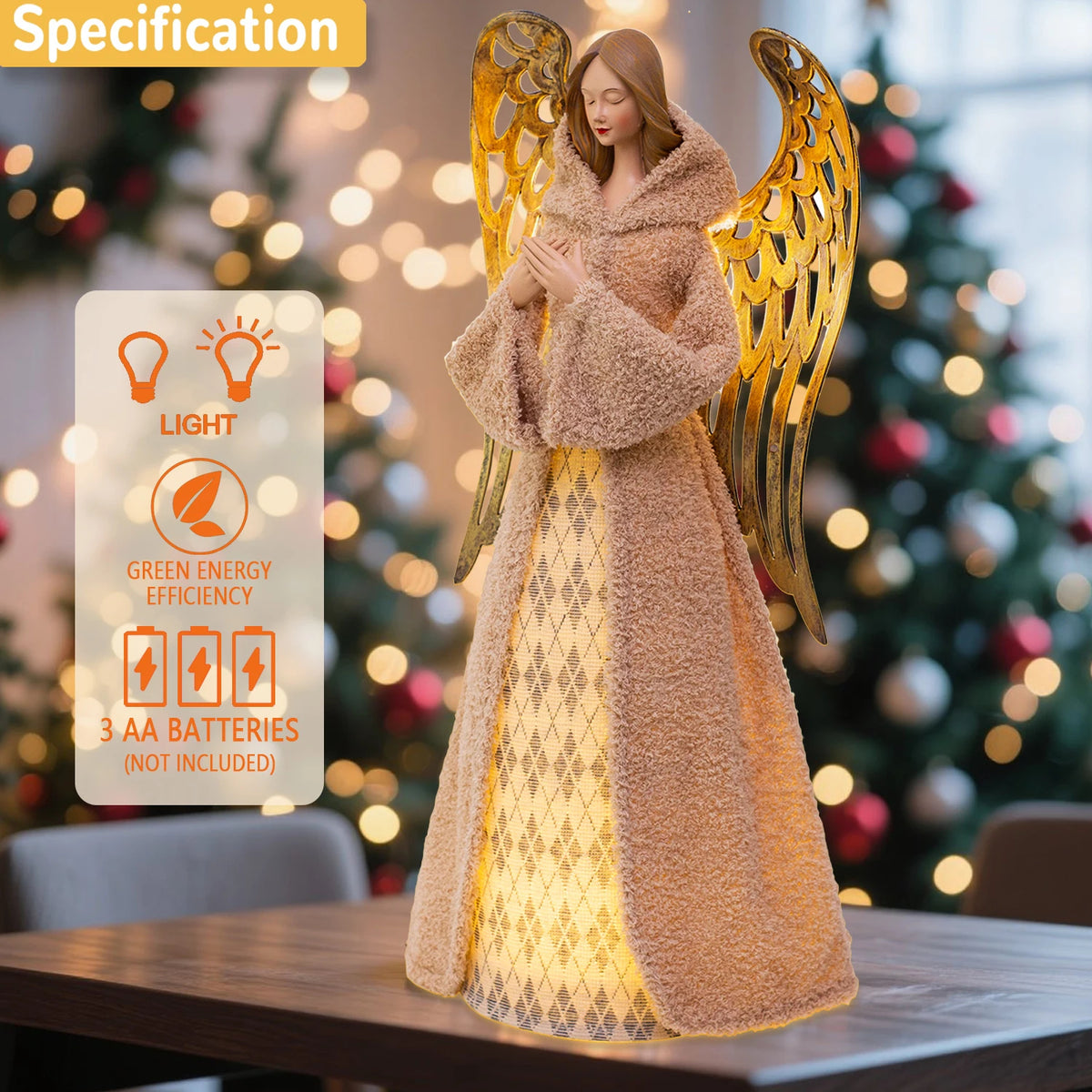 Christmas 21.6" Fabric Light Up Angel Figurine with Gold Wings - product image 4