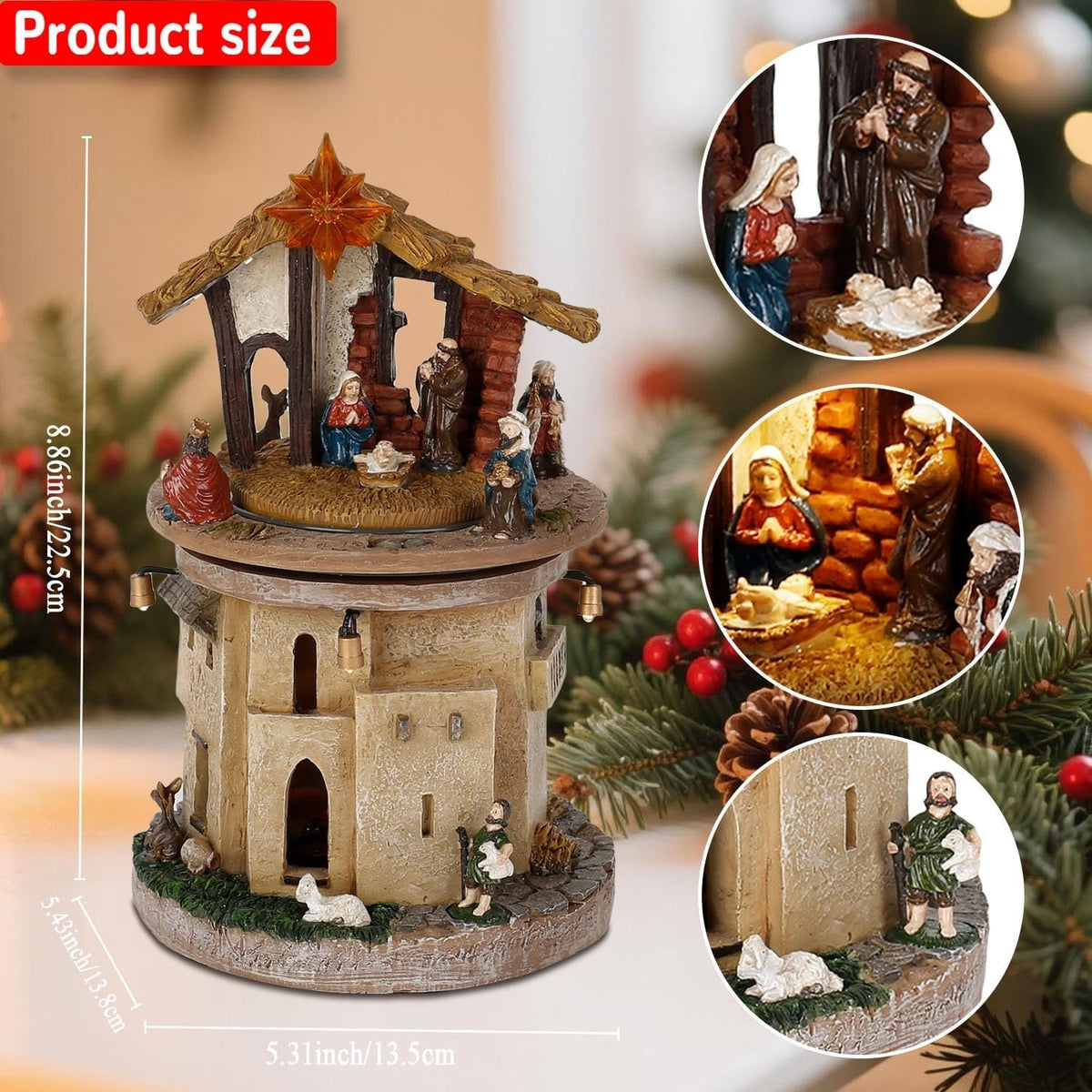Christmas Nativity Scene Rotating Tower, Religious Holiday Decor with LED Warm Lights & Star of Bethlehem - product image 3