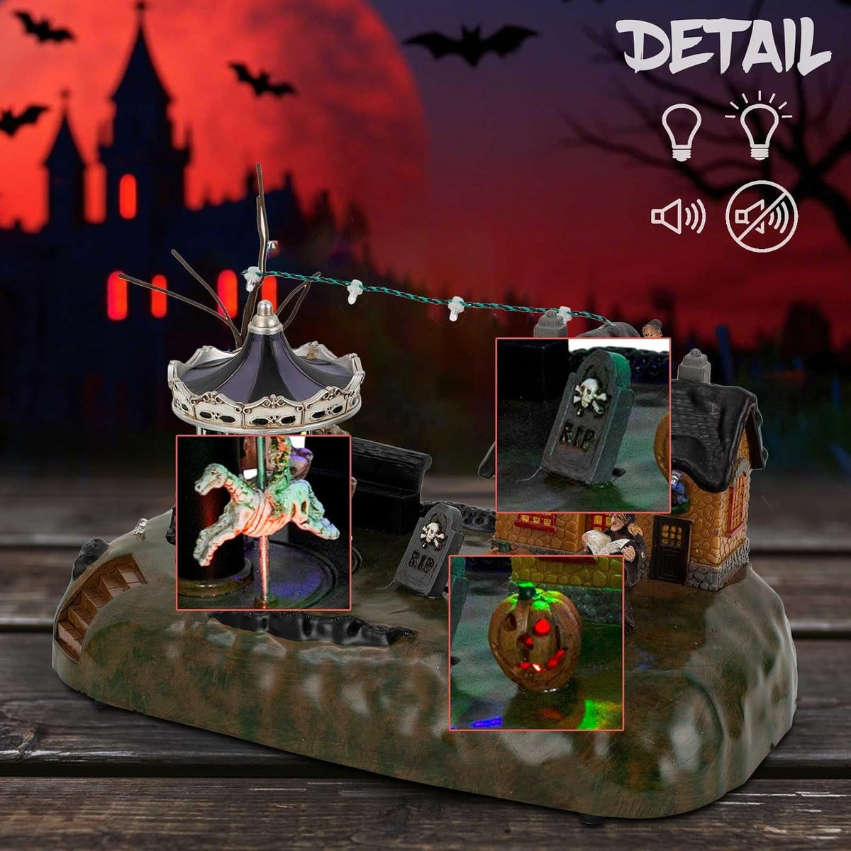 Halloween Village Animated Carousel With LED Witch Cottage, Spooky Carnival - product image 4