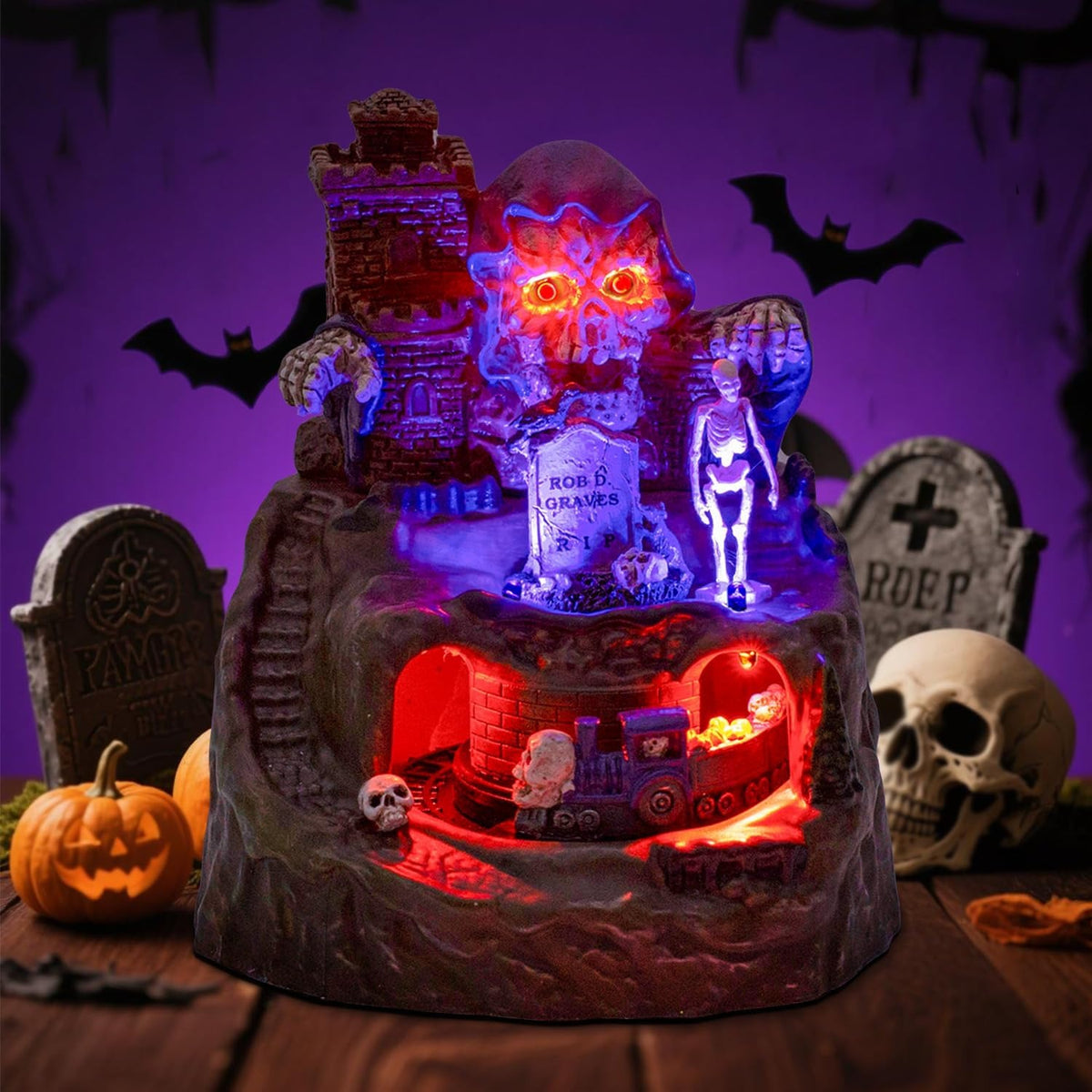 Halloween Village Animated Castle with Rotating Skeleton Train & Spooky Music