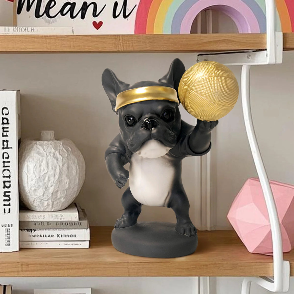 Basketball French Bulldog Figurine with Golden Headband and Basketball, Cute Sporty Home Decor for Dog Lovers Collectible Toy