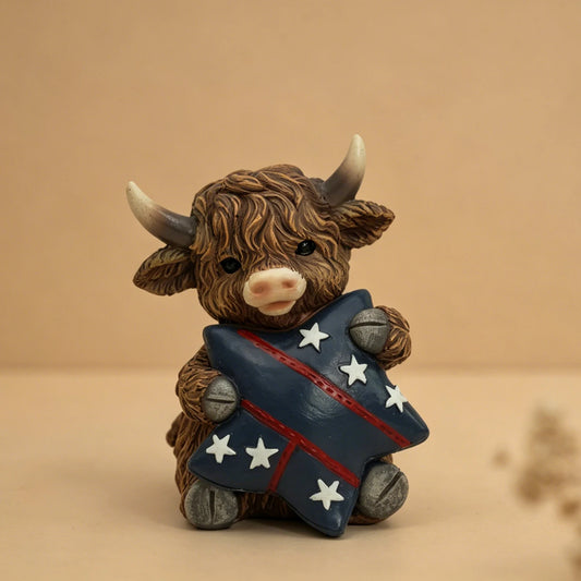 Highland Cow Resin Figurine with Patriotic Star for Home & Garden