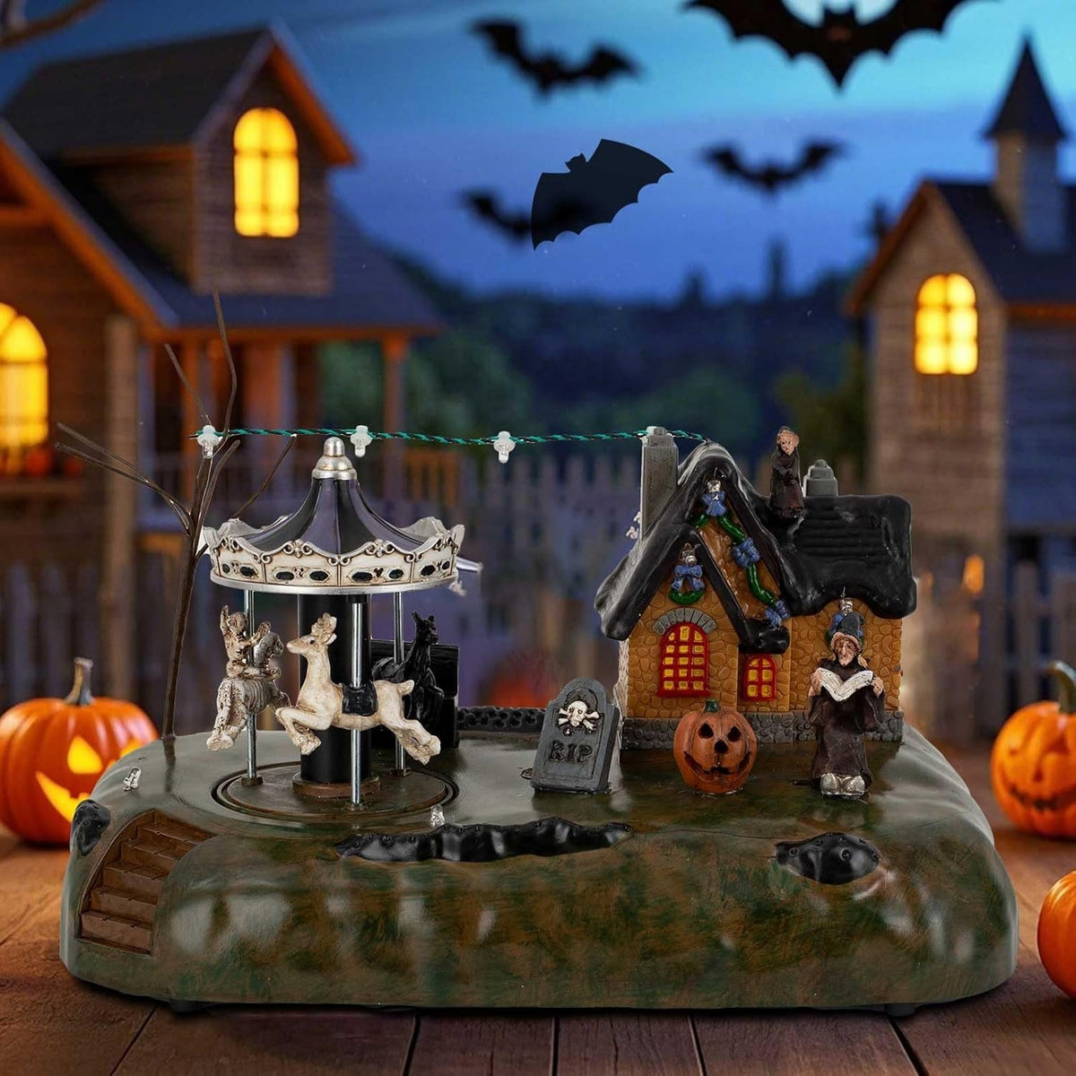 Halloween Village Animated Carousel With LED Witch Cottage, Spooky Carnival - product image 5