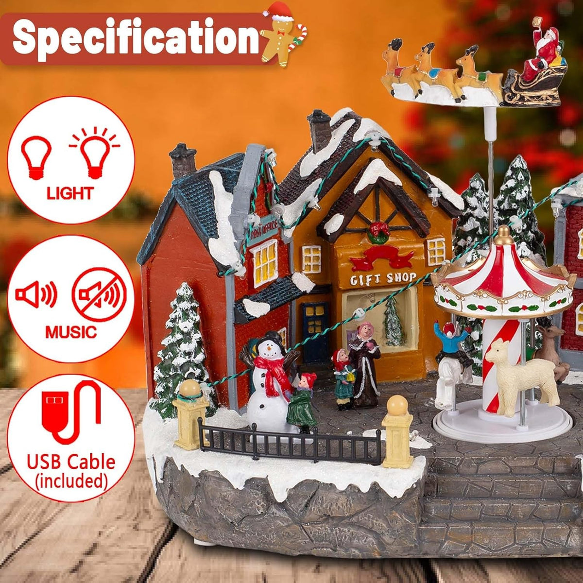 Christmas Village Musical Town Square with Rotating Carousel & Santa Sleigh - product image 4