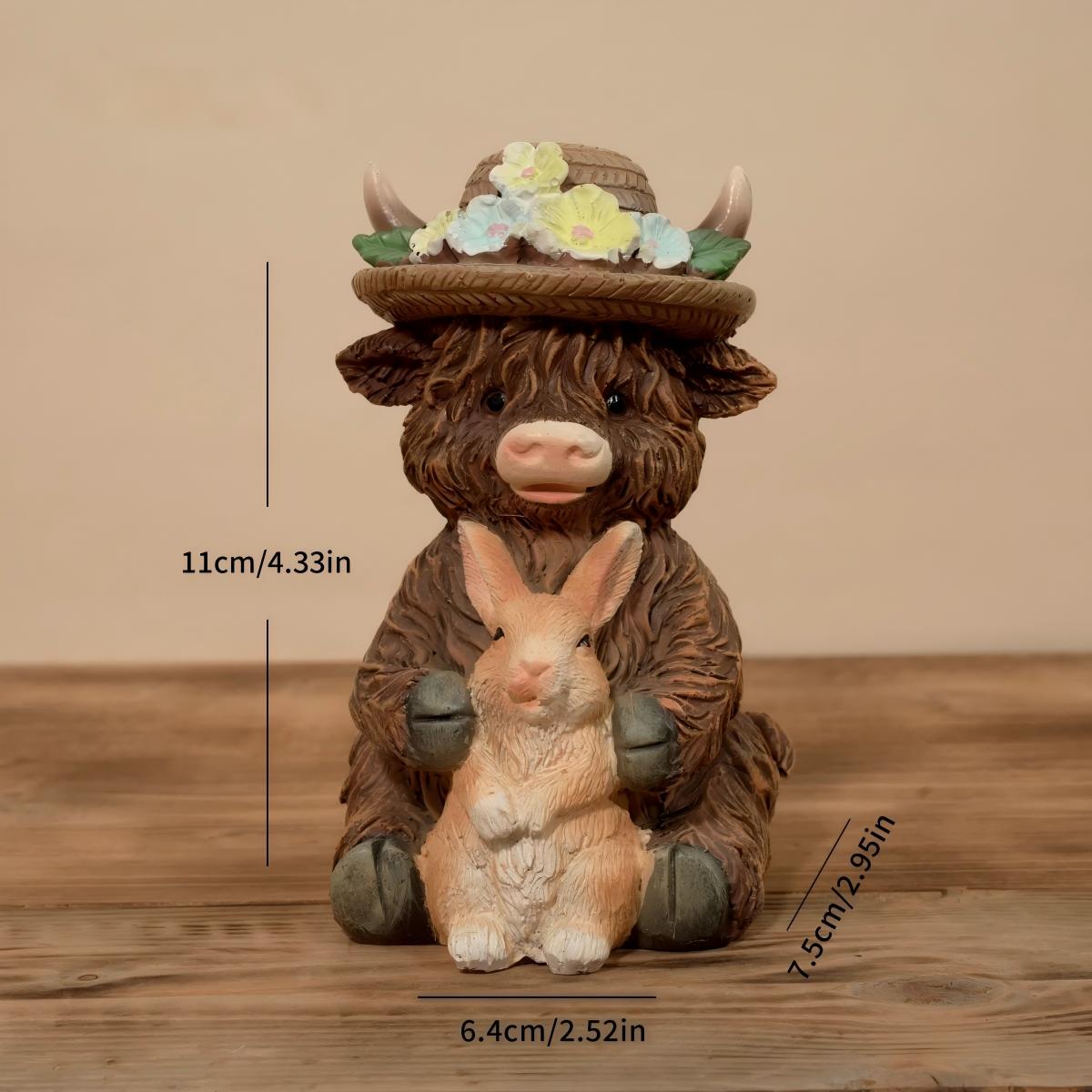 Cute Highland Cow Holding Bunny Figurine for Easter Spring Garden Decor - product image 4