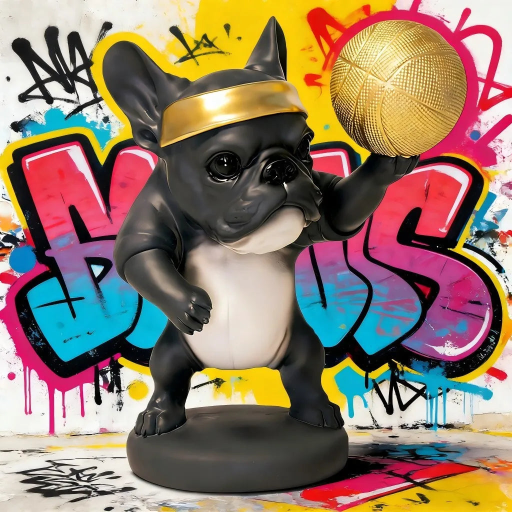 Basketball French Bulldog Figurine with Golden Headband and Basketball, Cute Sporty Home Decor for Dog Lovers Collectible Toy