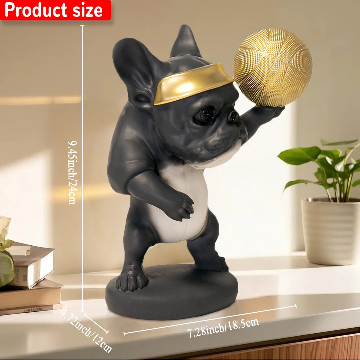 Basketball French Bulldog Figurine with Golden Headband and Basketball, Cute Sporty Home Decor for Dog Lovers Collectible Toy