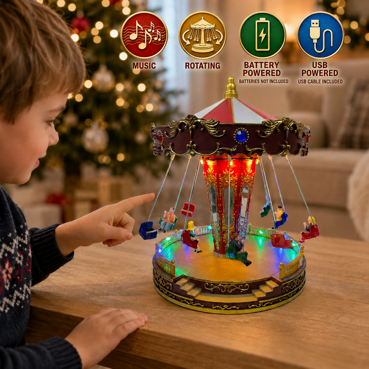 Christmas Village Carousel Lighted Musical Rotating Swing Ride Decoration - product image 3