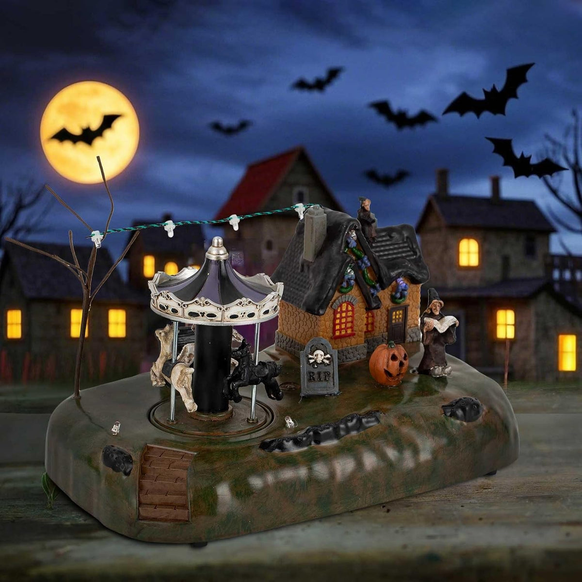 Halloween Village Animated Carousel With LED Witch Cottage, Spooky Carnival - product image 6