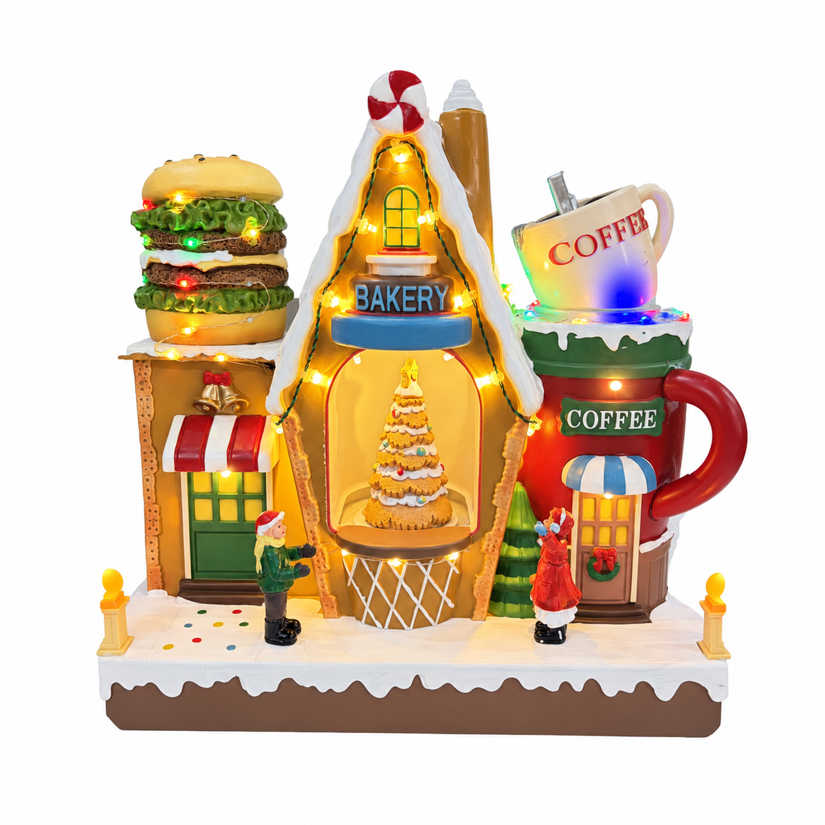 Lighted Christmas bakery and coffee shop with hamburger decoration, rotating coffee cup and cookie Christmas tree on a white background